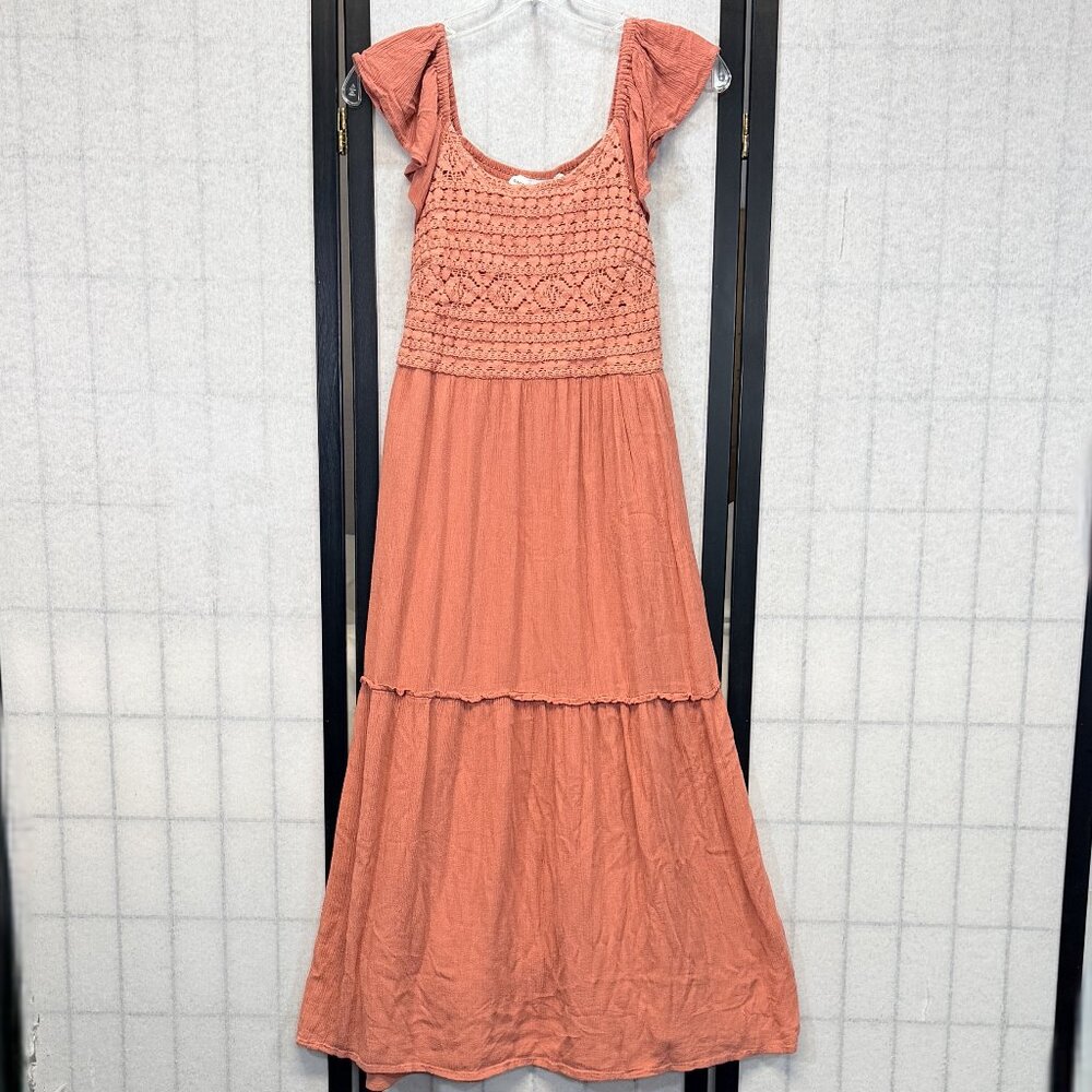 Sincerely Jules Ruffle Sleeve Crochet Bodice Crinkle Maxi Dress S Lined Adobe
